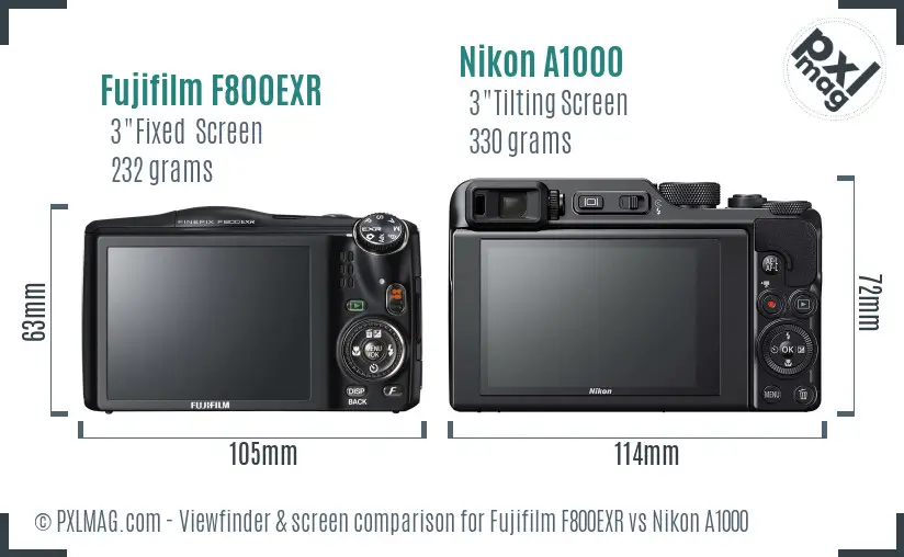 Fujifilm F800EXR vs Nikon A1000 Screen and Viewfinder comparison