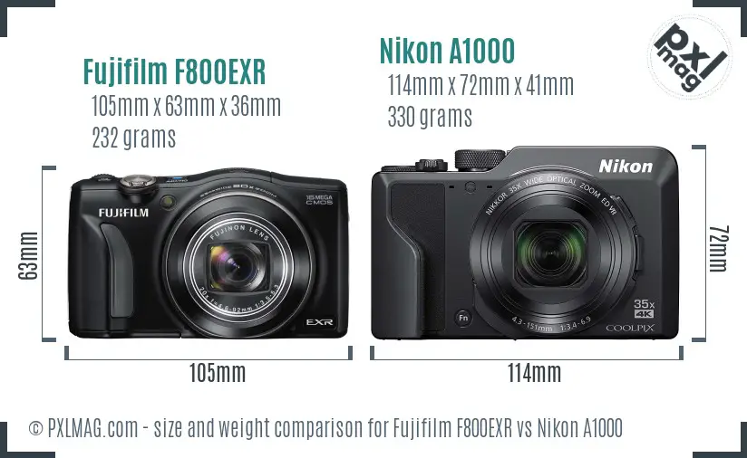 Fujifilm F800EXR vs Nikon A1000 size comparison