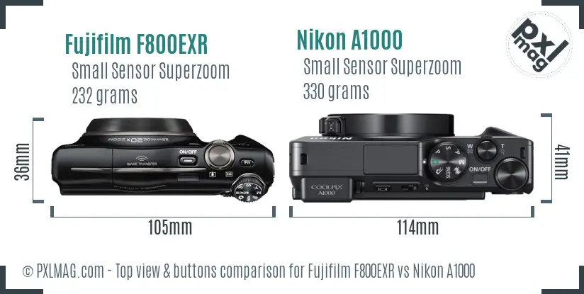 Fujifilm F800EXR vs Nikon A1000 top view buttons comparison