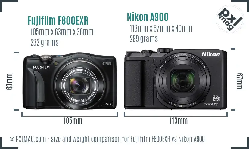 Fujifilm F800EXR vs Nikon A900 size comparison