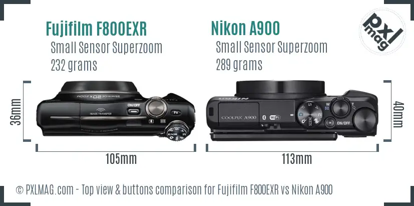 Fujifilm F800EXR vs Nikon A900 top view buttons comparison