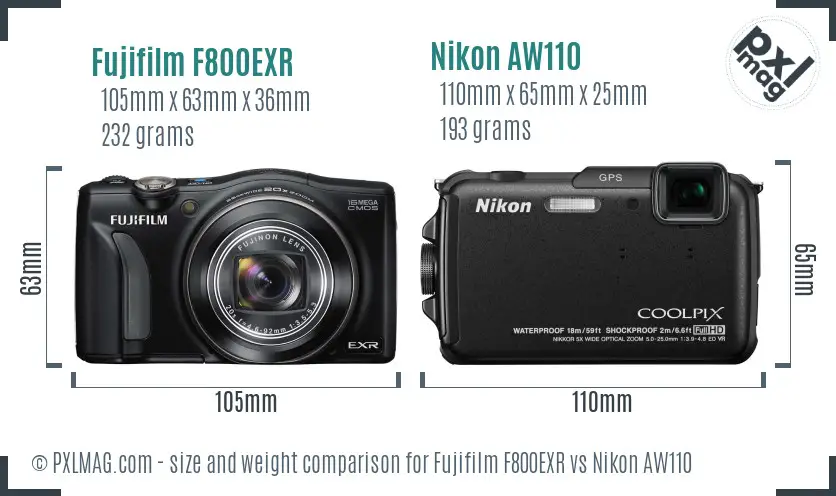 Fujifilm F800EXR vs Nikon AW110 size comparison