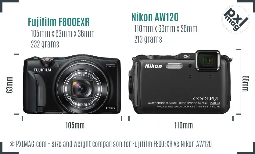 Fujifilm F800EXR vs Nikon AW120 size comparison