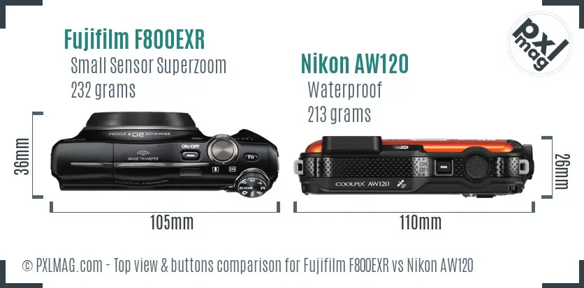 Fujifilm F800EXR vs Nikon AW120 top view buttons comparison