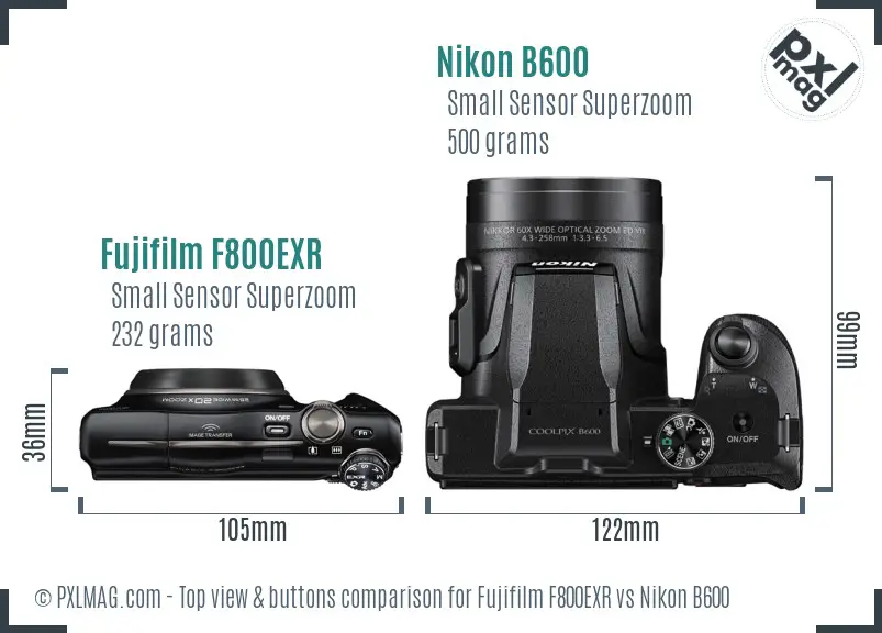 Fujifilm F800EXR vs Nikon B600 top view buttons comparison Fujifilm F800EXR vs Nikon B600 top view buttons comparison
