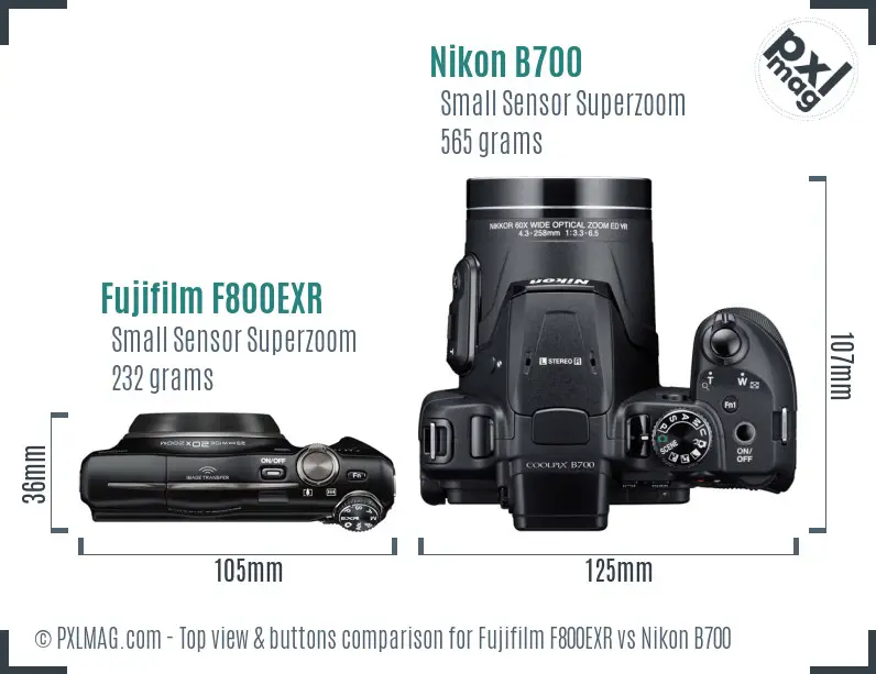 Fujifilm F800EXR vs Nikon B700 top view buttons comparison