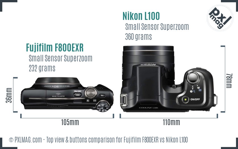 Fujifilm F800EXR vs Nikon L100 top view buttons comparison