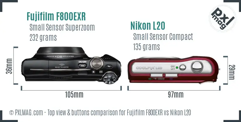 Fujifilm F800EXR vs Nikon L20 top view buttons comparison Fujifilm F800EXR vs Nikon L20 top view buttons comparison