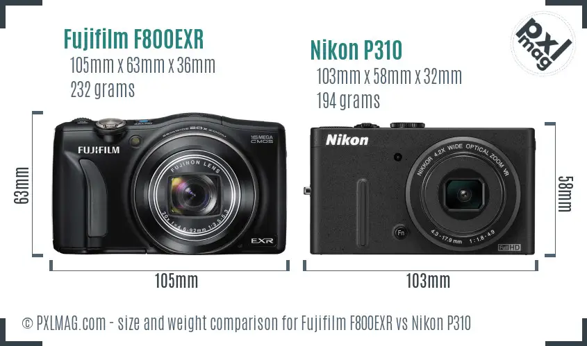 Fujifilm F800EXR vs Nikon P310 size comparison
