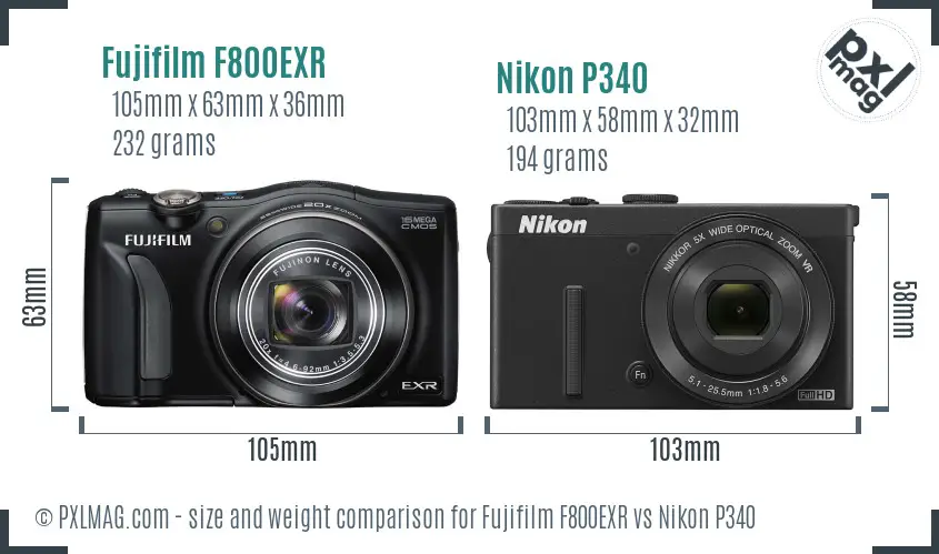 Fujifilm F800EXR vs Nikon P340 size comparison