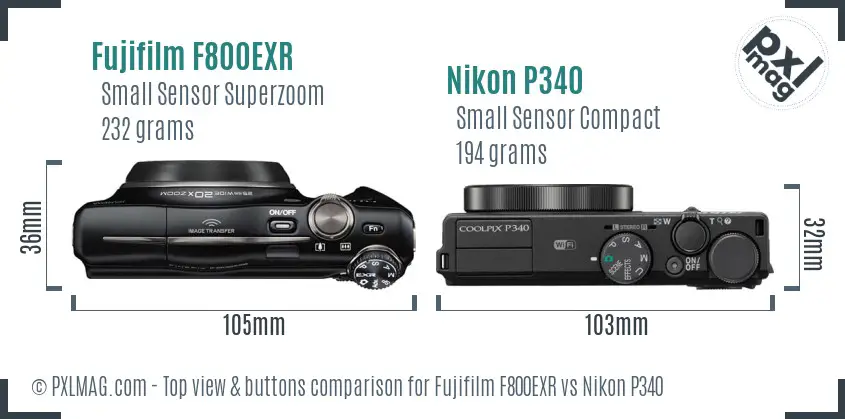 Fujifilm F800EXR vs Nikon P340 top view buttons comparison