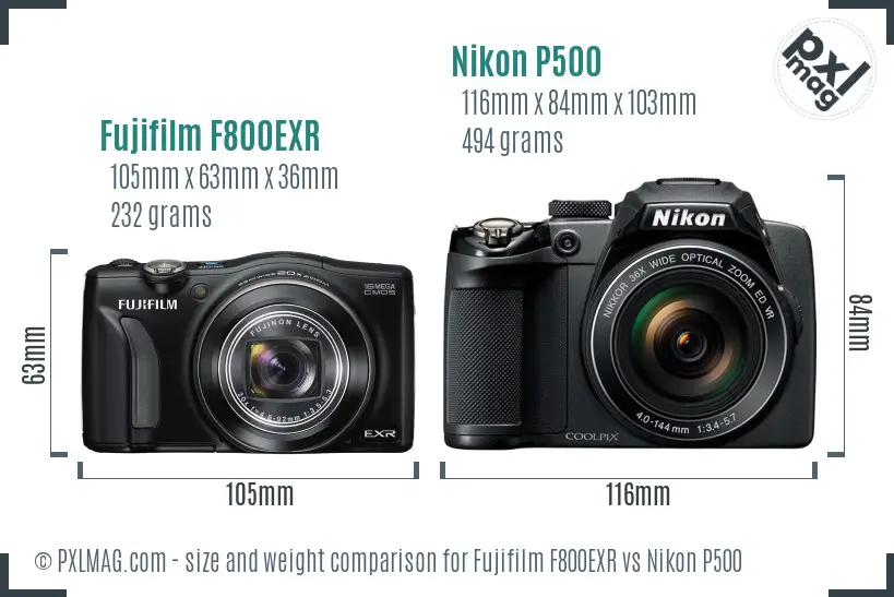 Fujifilm F800EXR vs Nikon P500 size comparison