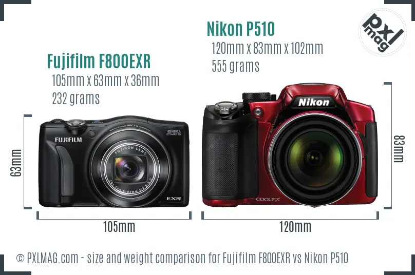 Fujifilm F800EXR vs Nikon P510 size comparison