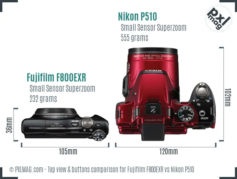 Fujifilm F800EXR vs Nikon P510 top view buttons comparison