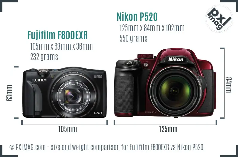 Fujifilm F800EXR vs Nikon P520 size comparison