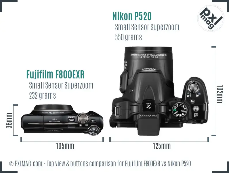 Fujifilm F800EXR vs Nikon P520 top view buttons comparison