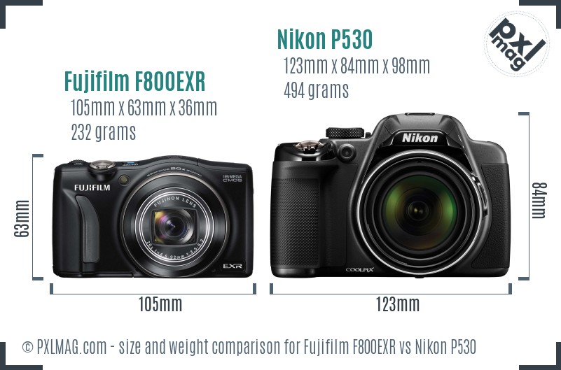 Fujifilm F800EXR vs Nikon P530 size comparison