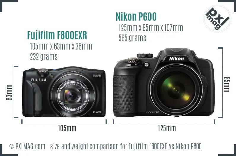 Fujifilm F800EXR vs Nikon P600 size comparison