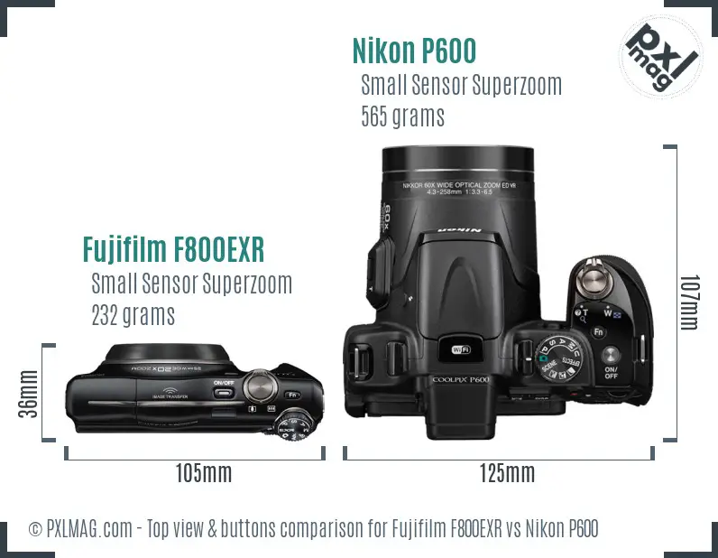 Fujifilm F800EXR vs Nikon P600 top view buttons comparison