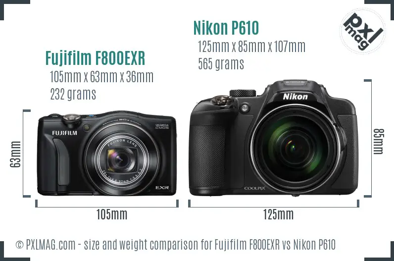 Fujifilm F800EXR vs Nikon P610 size comparison