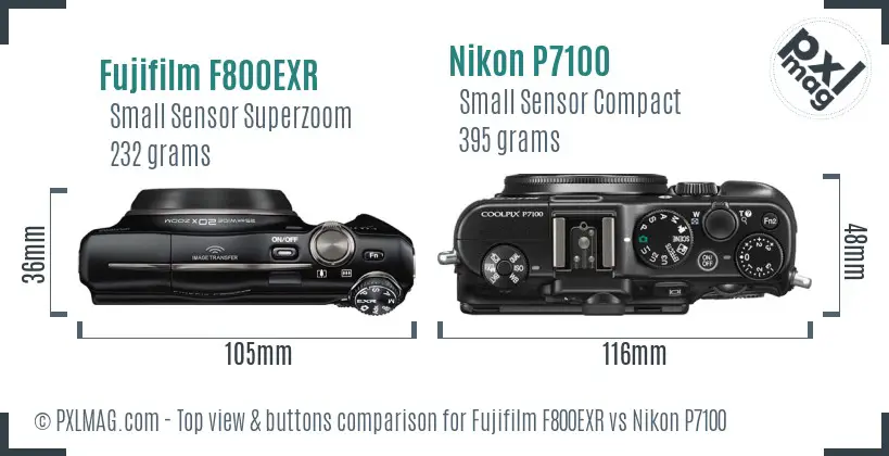 Fujifilm F800EXR vs Nikon P7100 top view buttons comparison