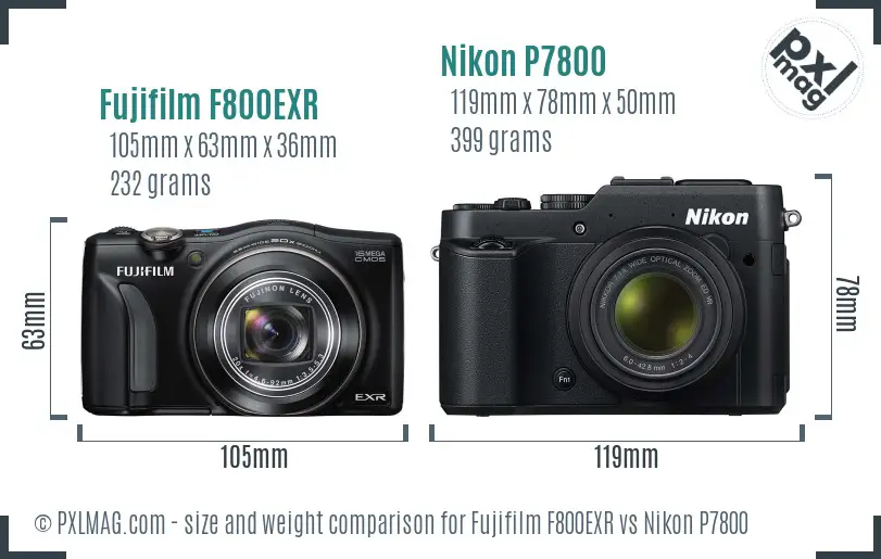 Fujifilm F800EXR vs Nikon P7800 size comparison