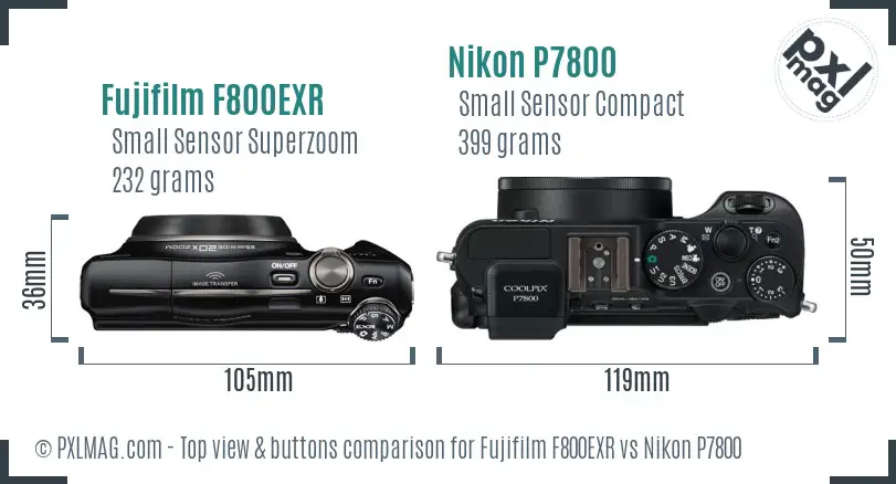 Fujifilm F800EXR vs Nikon P7800 top view buttons comparison