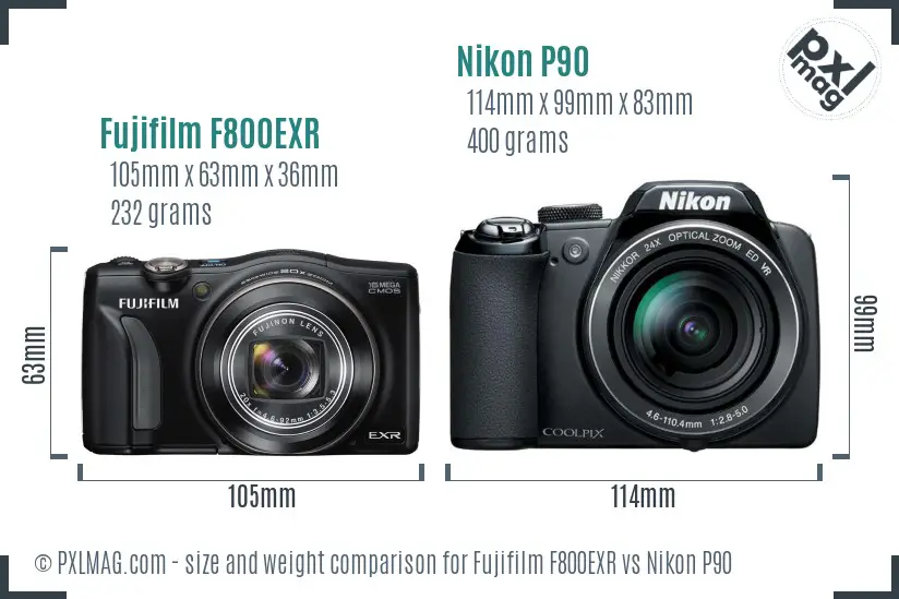 Fujifilm F800EXR vs Nikon P90 size comparison