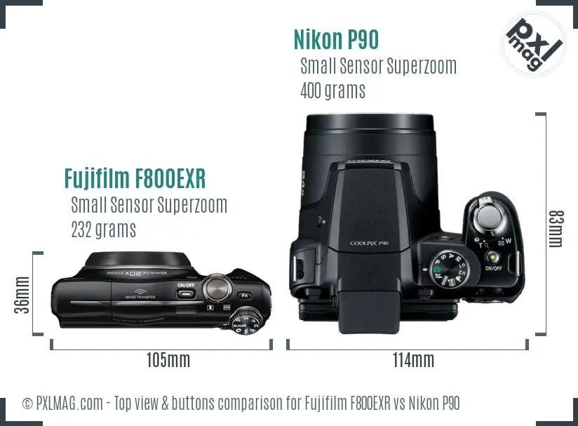 Fujifilm F800EXR vs Nikon P90 top view buttons comparison