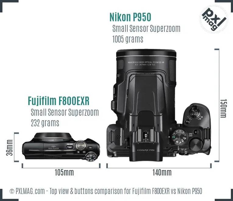 Fujifilm F800EXR vs Nikon P950 top view buttons comparison