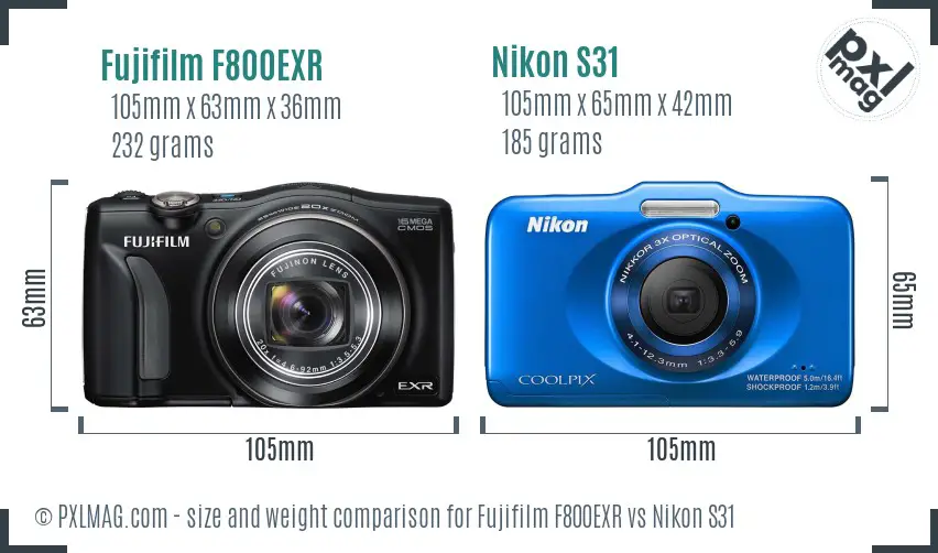 Fujifilm F800EXR vs Nikon S31 size comparison