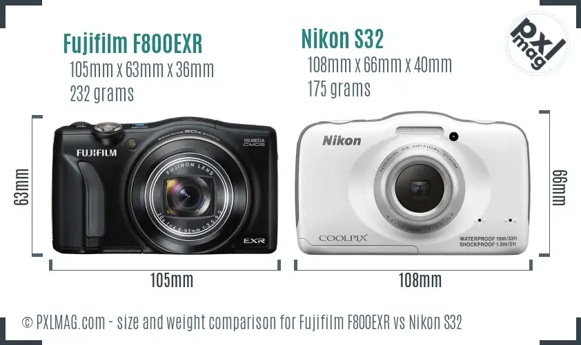Fujifilm F800EXR vs Nikon S32 size comparison