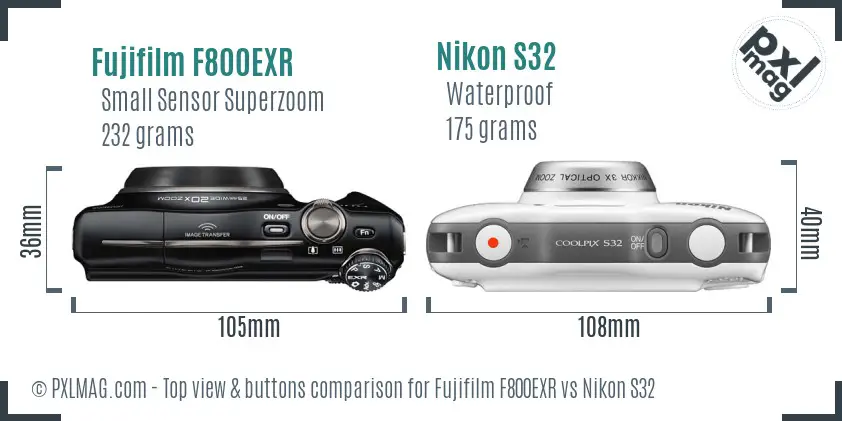 Fujifilm F800EXR vs Nikon S32 top view buttons comparison