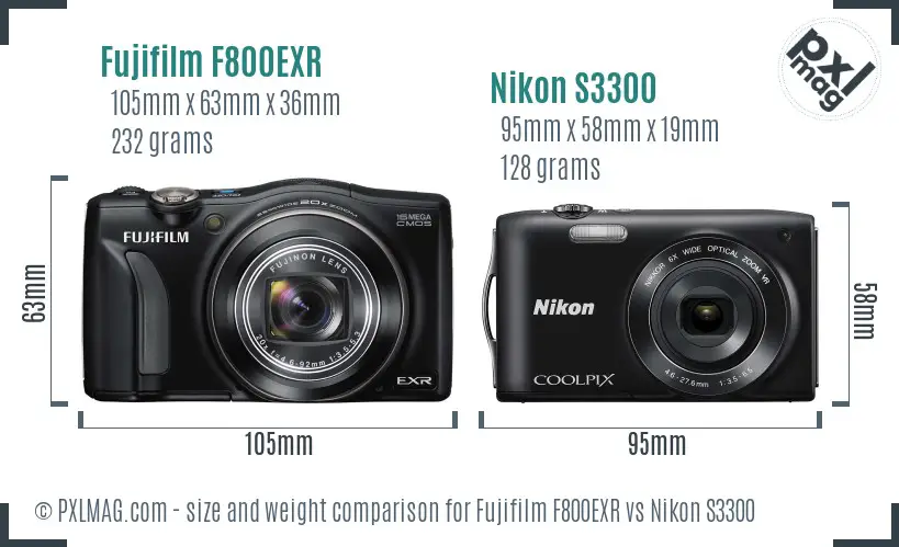 Fujifilm F800EXR vs Nikon S3300 size comparison