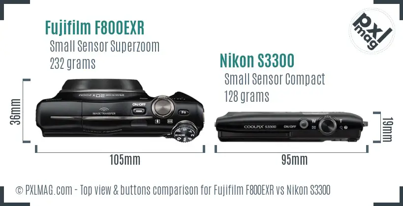 Fujifilm F800EXR vs Nikon S3300 top view buttons comparison