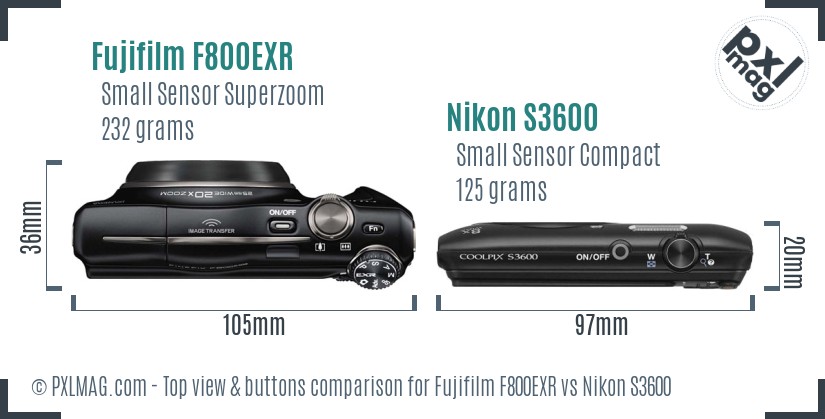 Fujifilm F800EXR vs Nikon S3600 top view buttons comparison