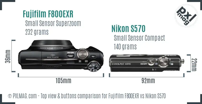 Fujifilm F800EXR vs Nikon S570 top view buttons comparison