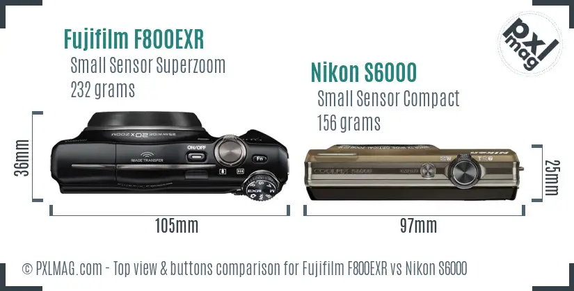 Fujifilm F800EXR vs Nikon S6000 top view buttons comparison Fujifilm F800EXR vs Nikon S6000 top view buttons comparison