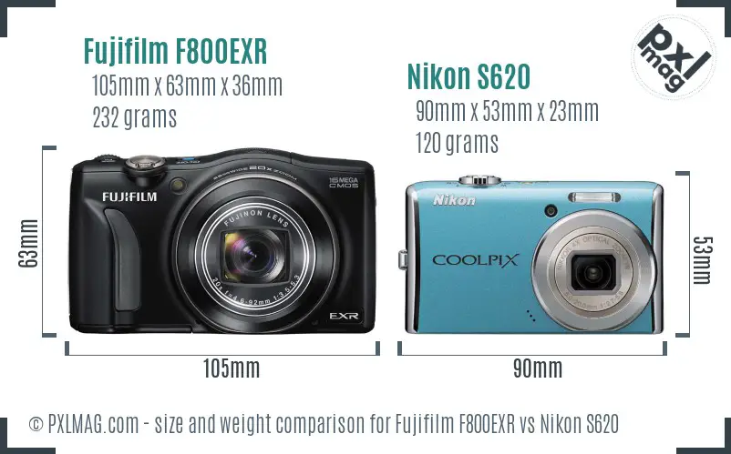 Fujifilm F800EXR vs Nikon S620 size comparison