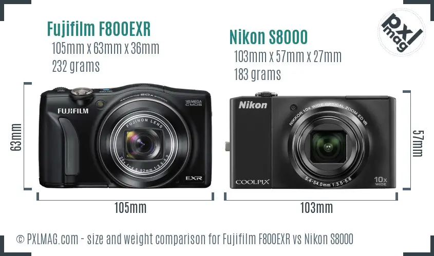 Fujifilm F800EXR vs Nikon S8000 size comparison