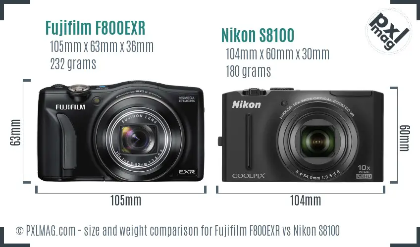 Fujifilm F800EXR vs Nikon S8100 size comparison