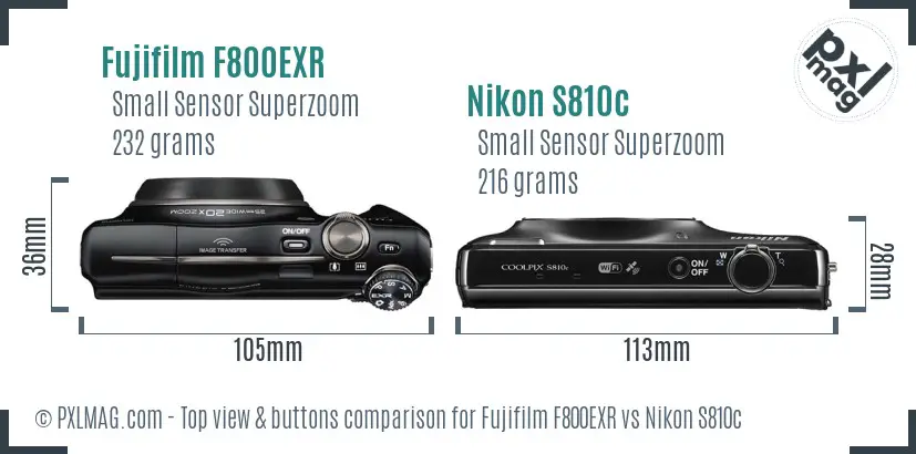 Fujifilm F800EXR vs Nikon S810c top view buttons comparison