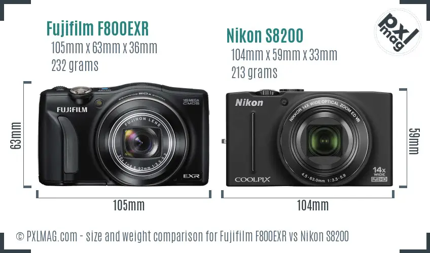 Fujifilm F800EXR vs Nikon S8200 size comparison