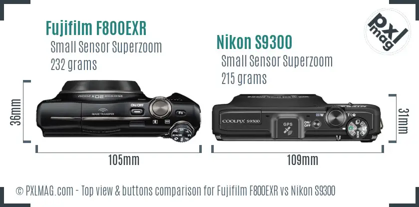 Fujifilm F800EXR vs Nikon S9300 top view buttons comparison Fujifilm F800EXR vs Nikon S9300 top view buttons comparison