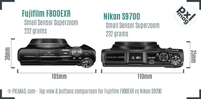 Fujifilm F800EXR vs Nikon S9700 top view buttons comparison Fujifilm F800EXR vs Nikon S9700 top view buttons comparison