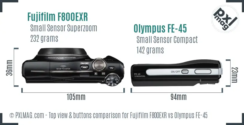 Fujifilm F800EXR vs Olympus FE-45 top view buttons comparison