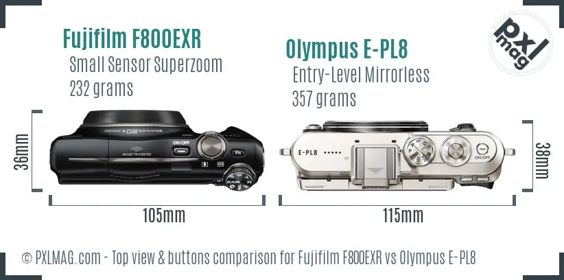 Fujifilm F800EXR vs Olympus E-PL8 top view buttons comparison
