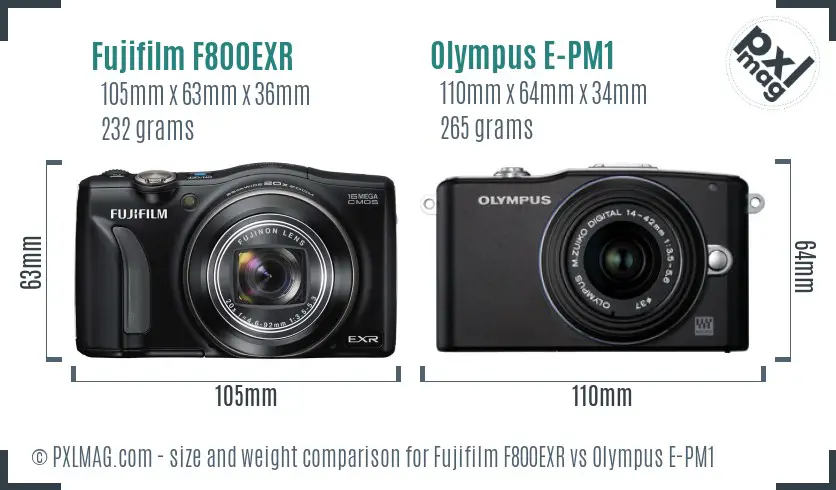 Fujifilm F800EXR vs Olympus E-PM1 size comparison
