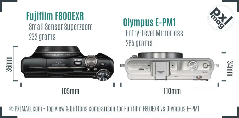 Fujifilm F800EXR vs Olympus E-PM1 top view buttons comparison