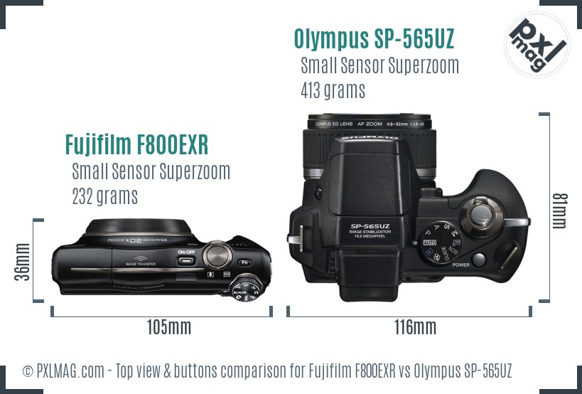Fujifilm F800EXR vs Olympus SP-565UZ top view buttons comparison